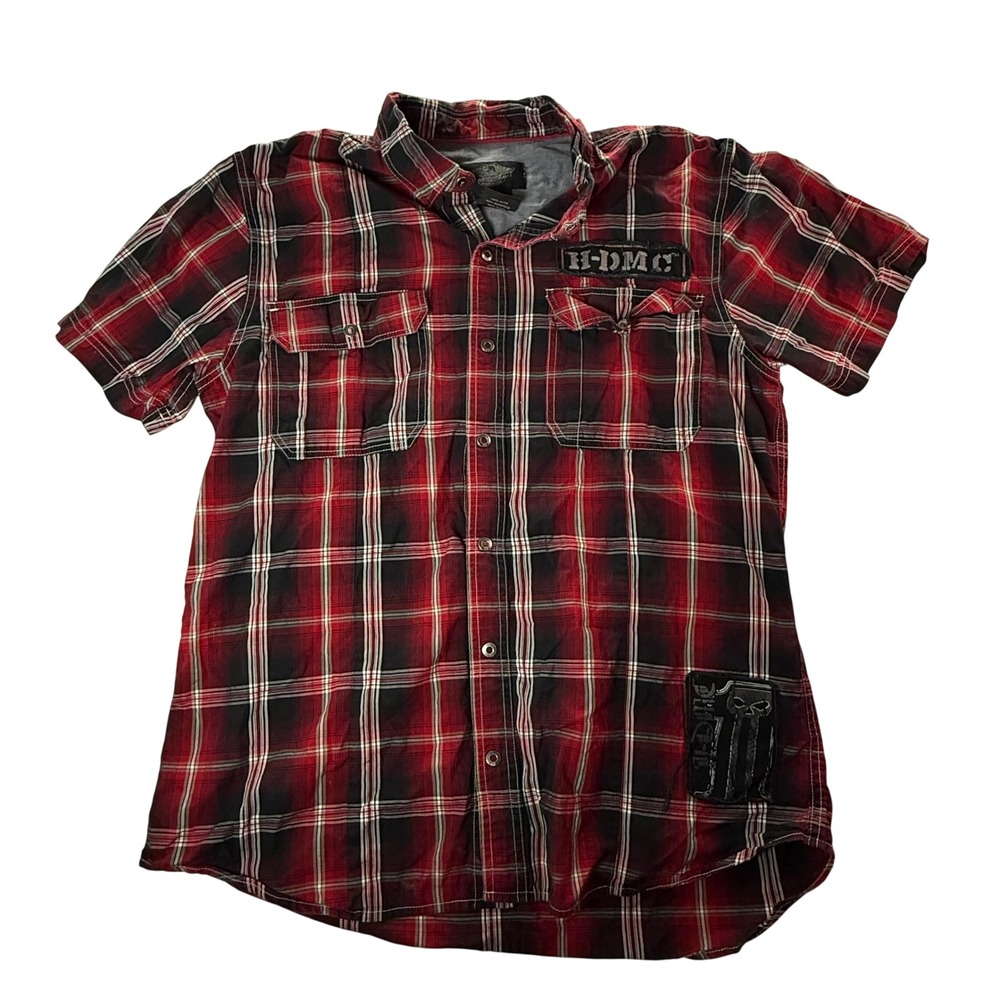 Harley Davidson Mens Snap Plaid Shirt Short Sleeve XL Red Black HDMC Patch